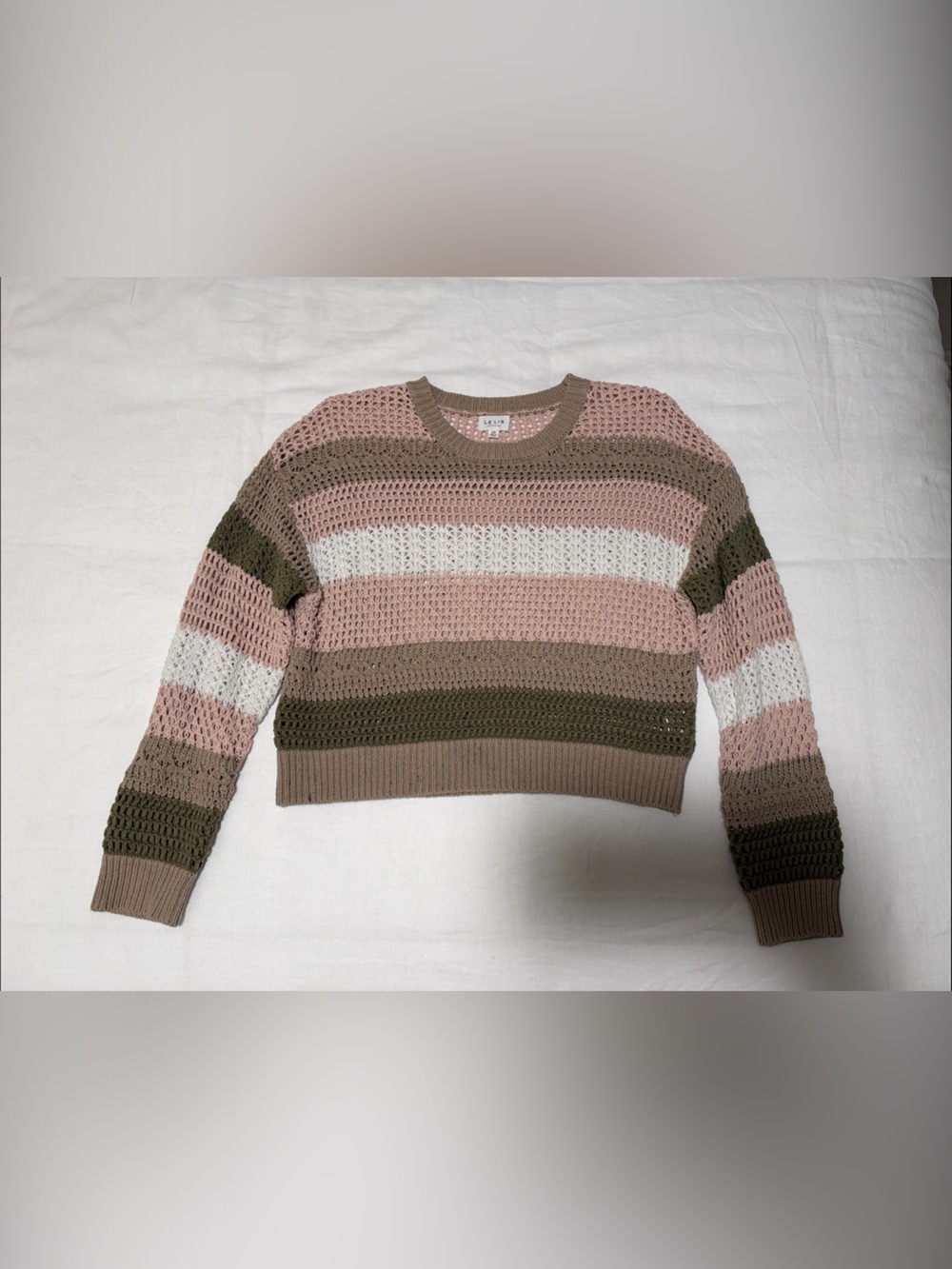 Le Lis Striped Open-Knit Crewneck Sweater in Pink, Olive & Taupe